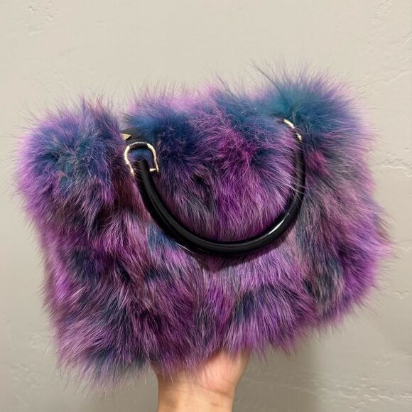 Purple Gradient Handmade Luxury Real Fox Fur Top Handles Satchel Bag/Crossbody - Picture 9 of 16